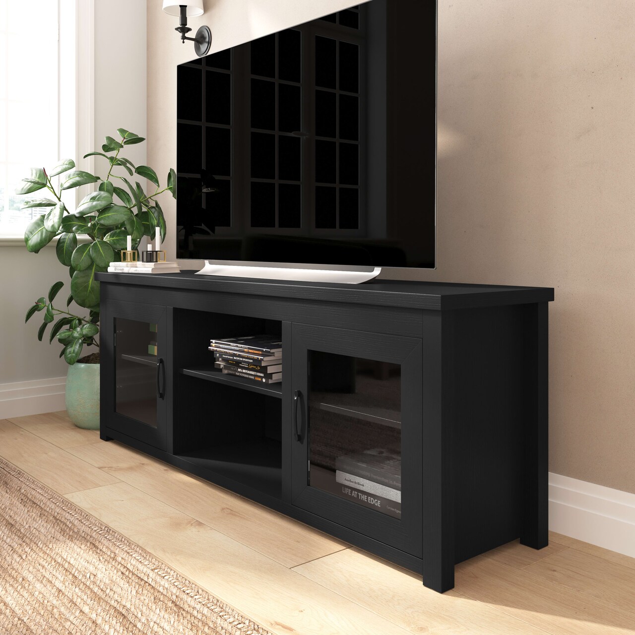 Merrick Lane Galena Traditional Full Glass Door 65" TV Stand for up to 80" TVs